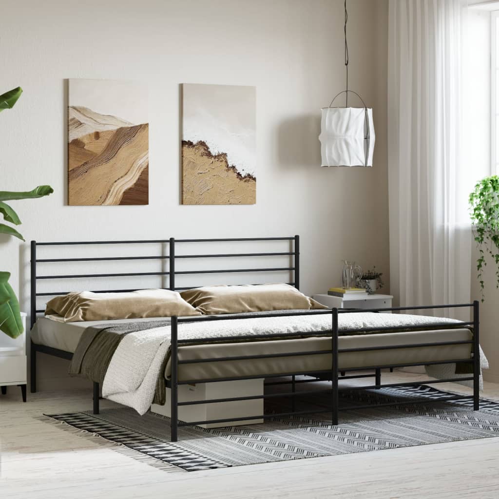 Bed frame with head and footboard metal black 200x200 cm