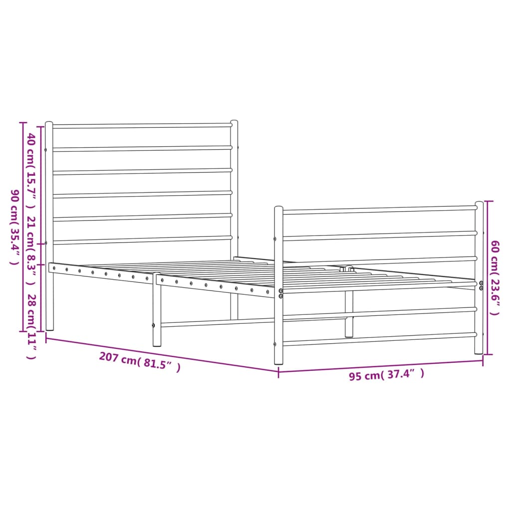 Bed frame with head and footboard metal white 90x200 cm