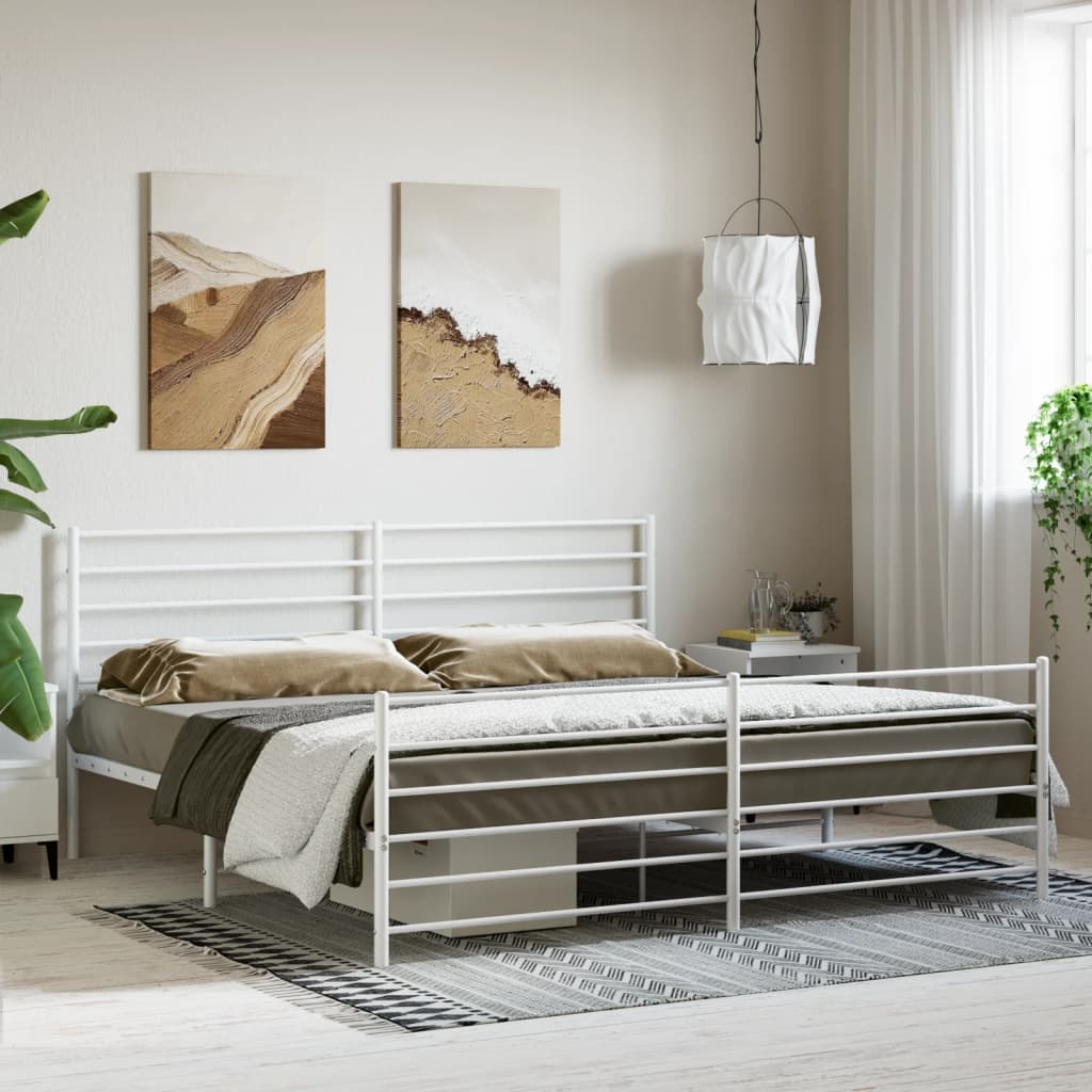 Bed frame with head and footboard metal white 193x203 cm