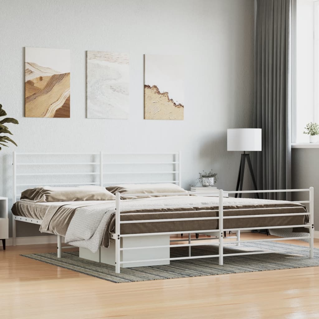 Bed frame with head and footboard metal white 200x200 cm