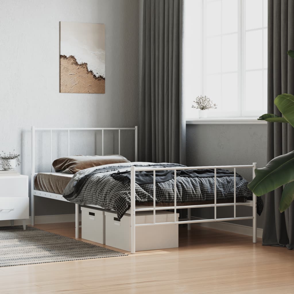 Bed frame with head and footboard metal white 75x190 cm