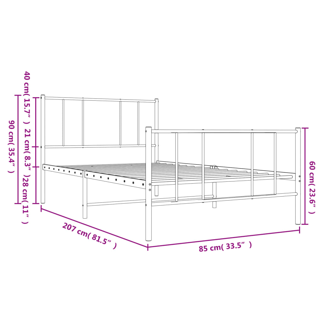 Bed frame with head and footboard metal white 80x200 cm