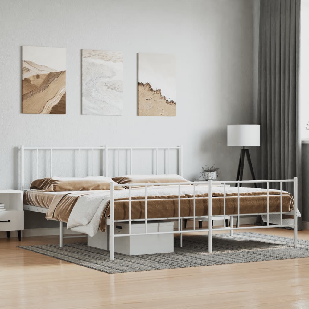 Bed frame with head and footboard metal white 193x203 cm