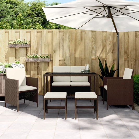 6-piece garden dining set with cushions, brown poly rattan