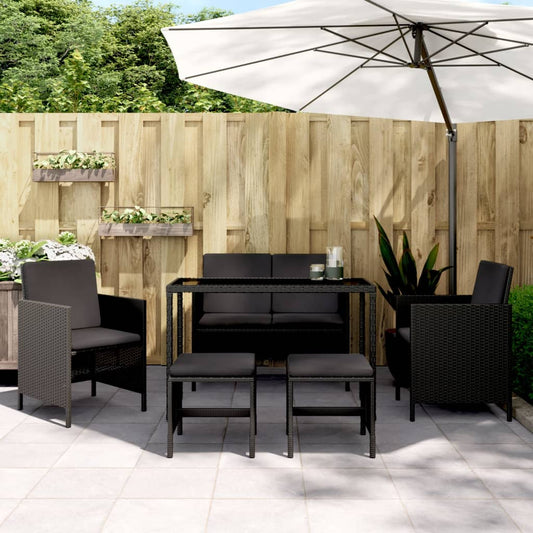 6-piece garden dining set with cushions, black poly rattan