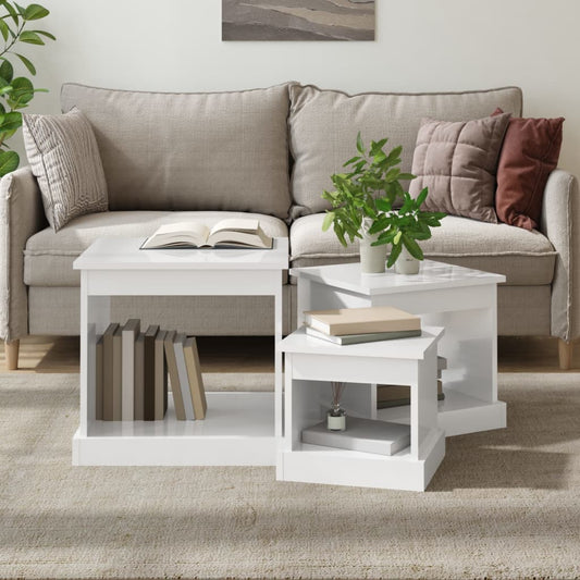 Tables basses, 3 pièces, bois blanc brillant