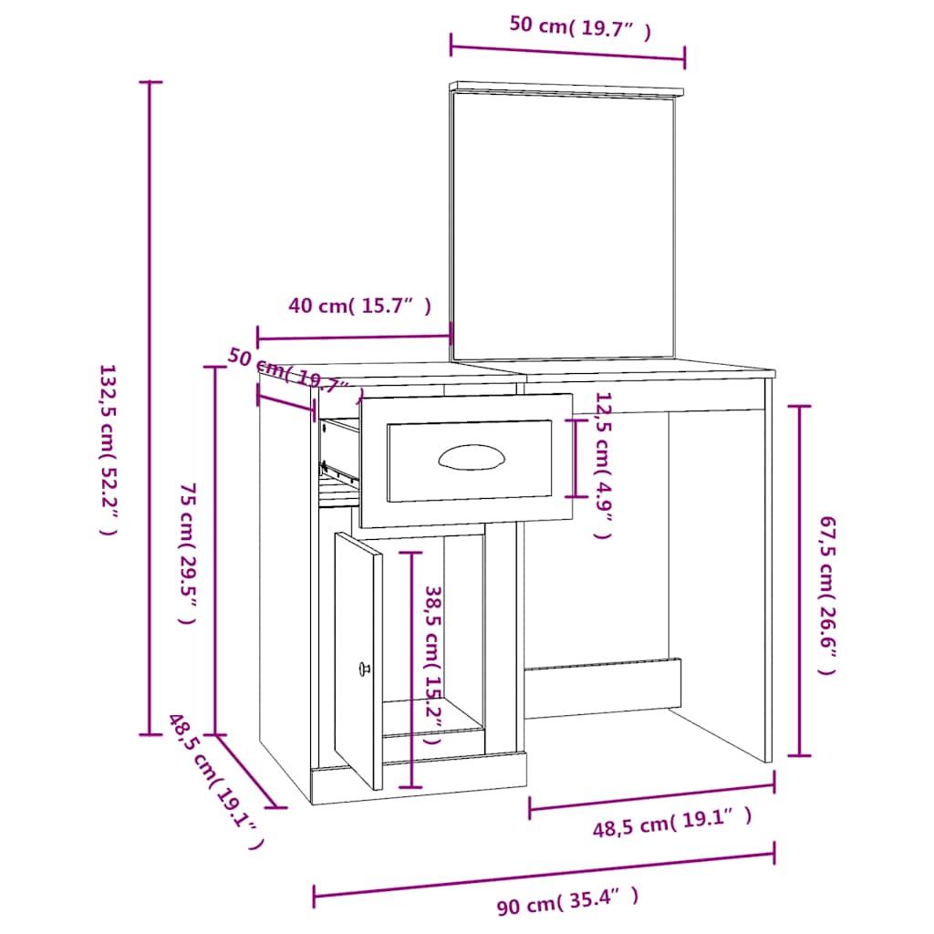 Schminktisch mit Spiegel Grau Sonoma 90x50x132,5 cm
