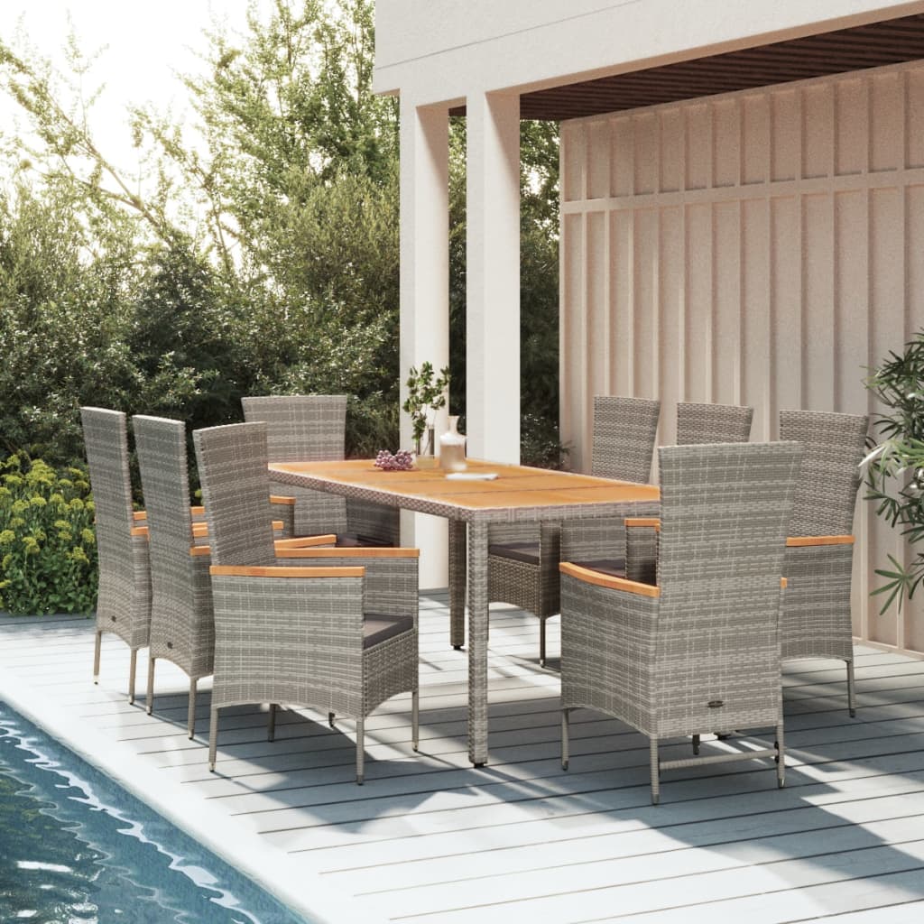 9-tlg. Garten-Essgruppe mit Kissen Grau Poly Rattan