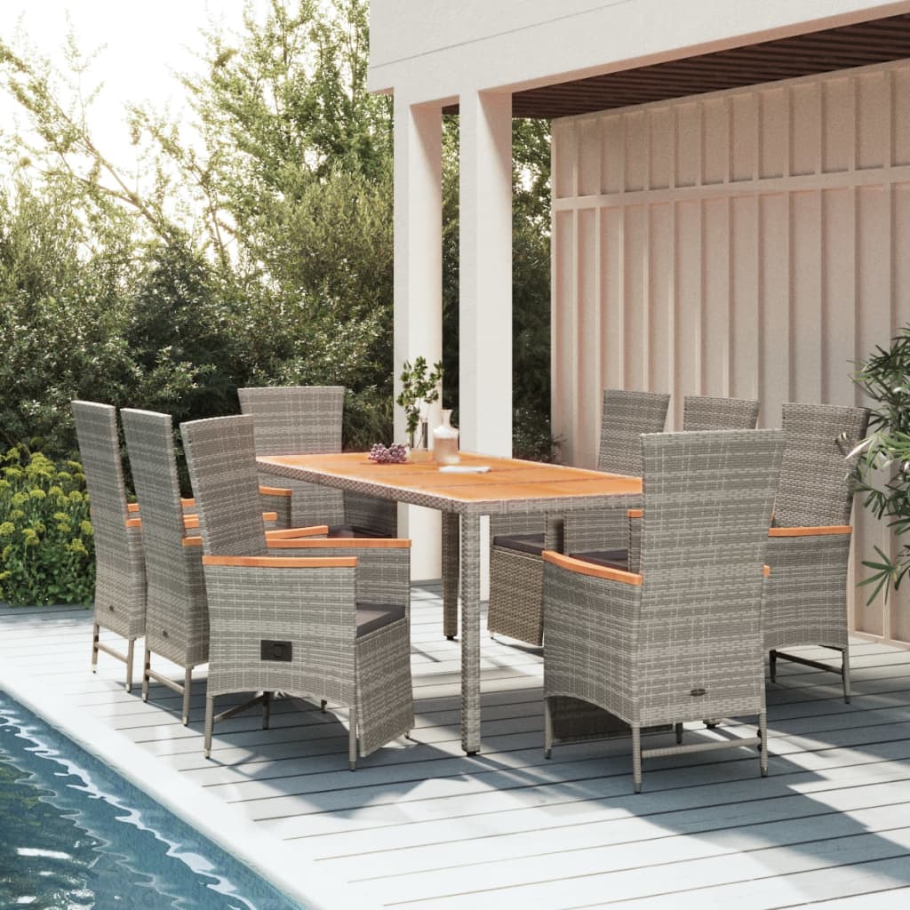 9-tlg. Garten-Essgruppe mit Kissen Grau Poly Rattan