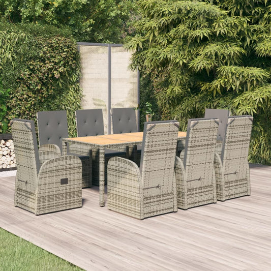 9-tlg. Garten-Essgruppe mit Kissen Grau Poly Rattan