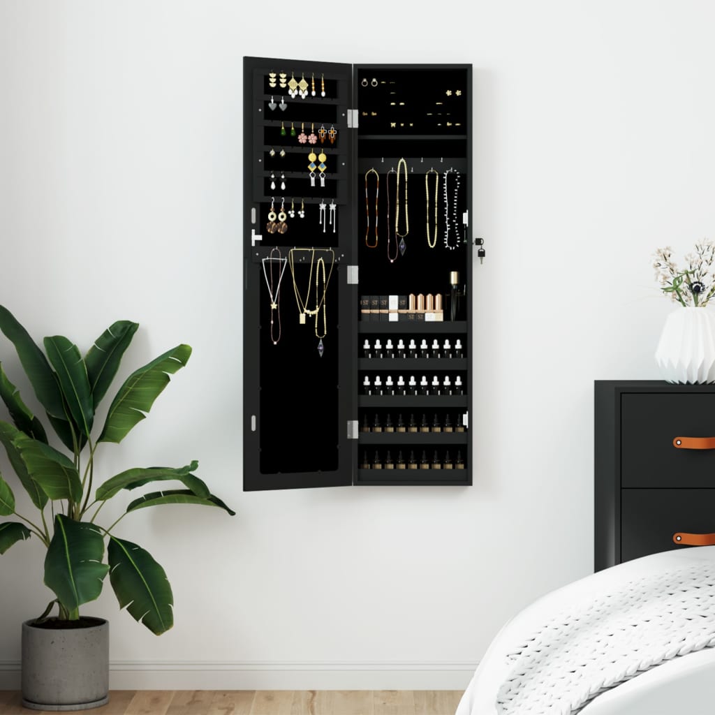 Schmuckschrank mit Spiegel Wandmontage Schwarz 30x8,5x106 cm