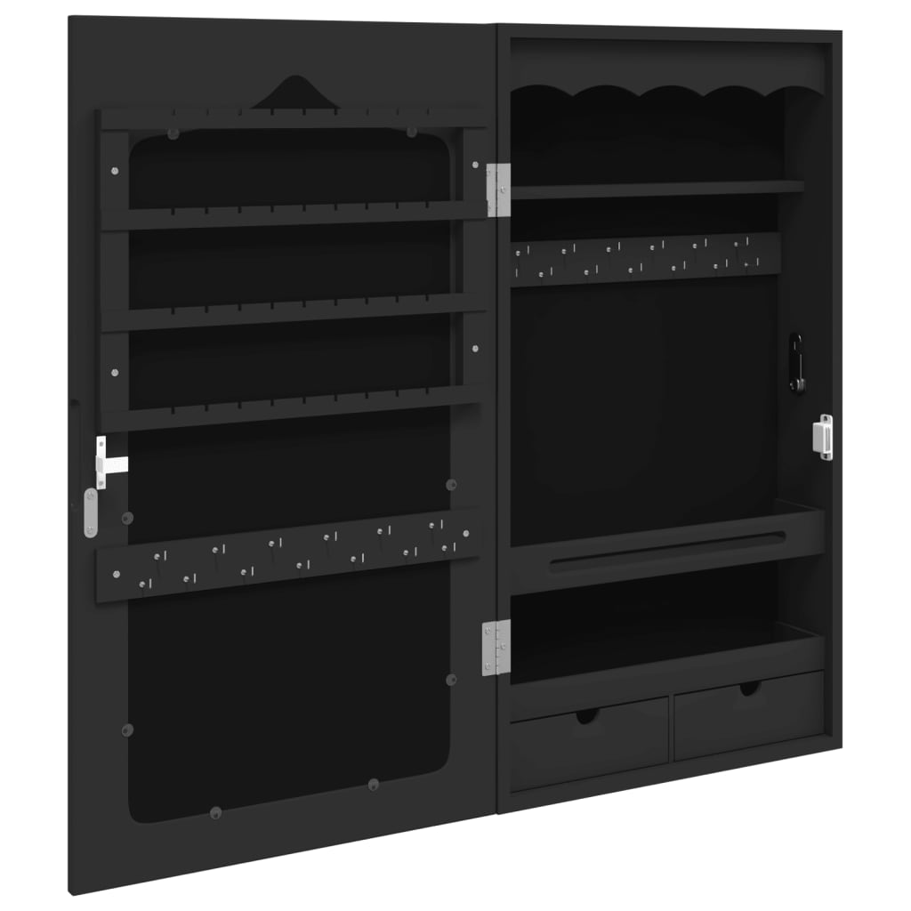 Jewelry cabinet with mirror, wall-mounted, black, 37.5 x 10 x 67 cm