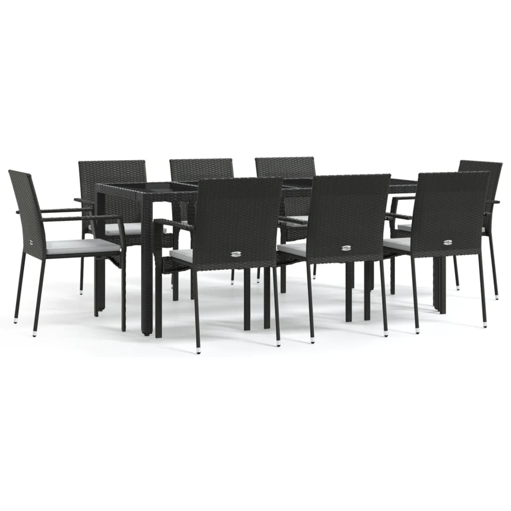 9-tlg. Garten-Essgruppe mit Kissen Schwarz Poly Rattan
