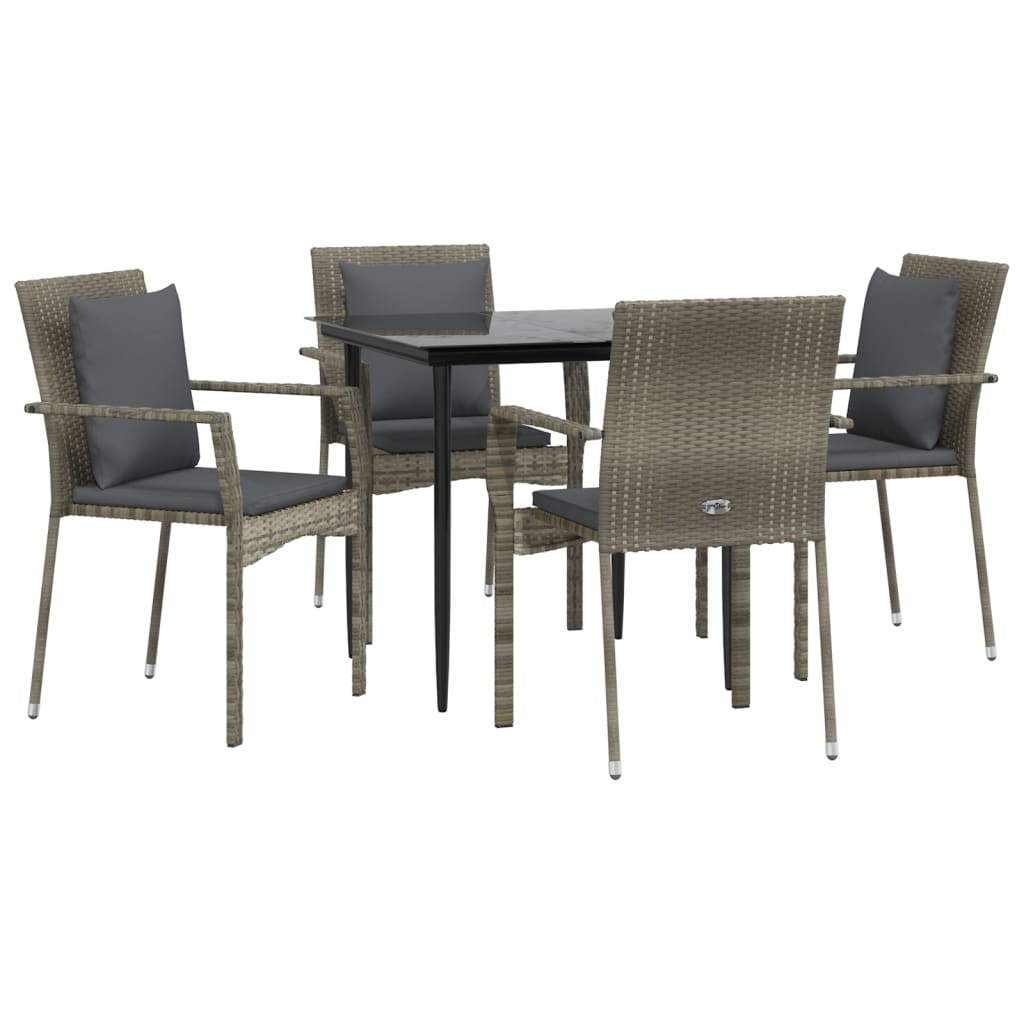 5-tlg. Garten-Essgruppe mit Kissen Schwarz und Grau Poly Rattan