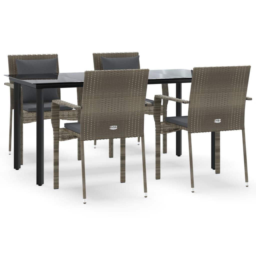 5-tlg. Garten-Essgruppe mit Kissen Schwarz und Grau Poly Rattan