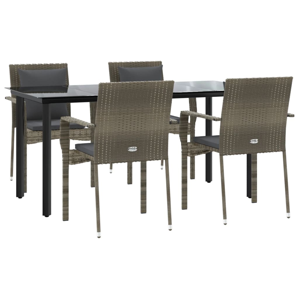 5-tlg. Garten-Essgruppe mit Kissen Schwarz und Grau Poly Rattan