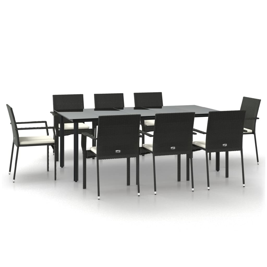 9-tlg. Garten-Essgruppe mit Kissen Schwarz Poly Rattan