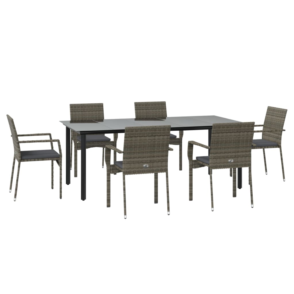 7-tlg. Garten-Essgruppe mit Kissen Schwarz und Grau Poly Rattan