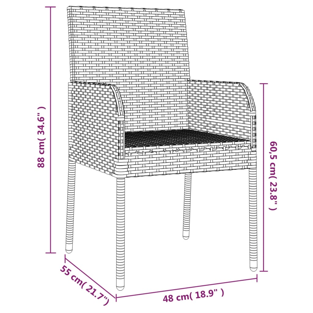 3-tlg. Garten-Essgruppe mit Kissen Schwarz und Grau Poly Rattan