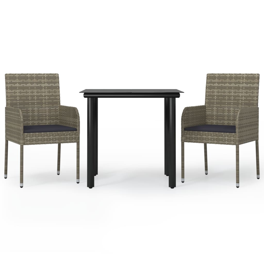 3-tlg. Garten-Essgruppe mit Kissen Schwarz und Grau Poly Rattan