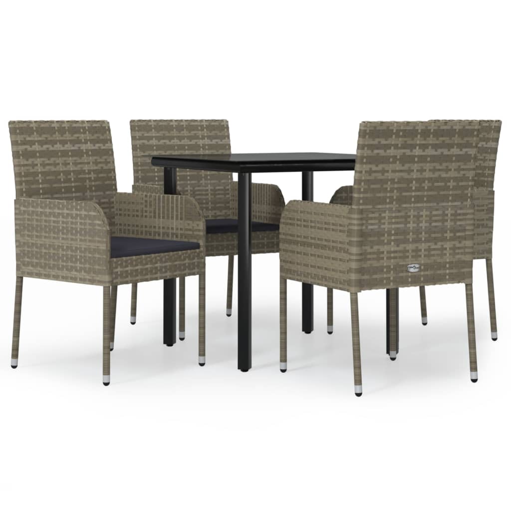 5-tlg. Garten-Essgruppe mit Kissen Schwarz und Grau Poly Rattan