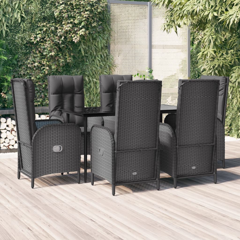 7-tlg. Garten-Essgruppe mit Kissen Schwarz Poly Rattan