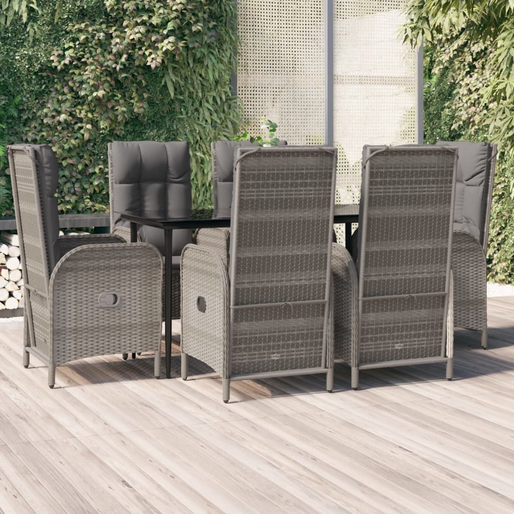 7-tlg. Garten-Essgruppe mit Kissen Schwarz und Grau Poly Rattan