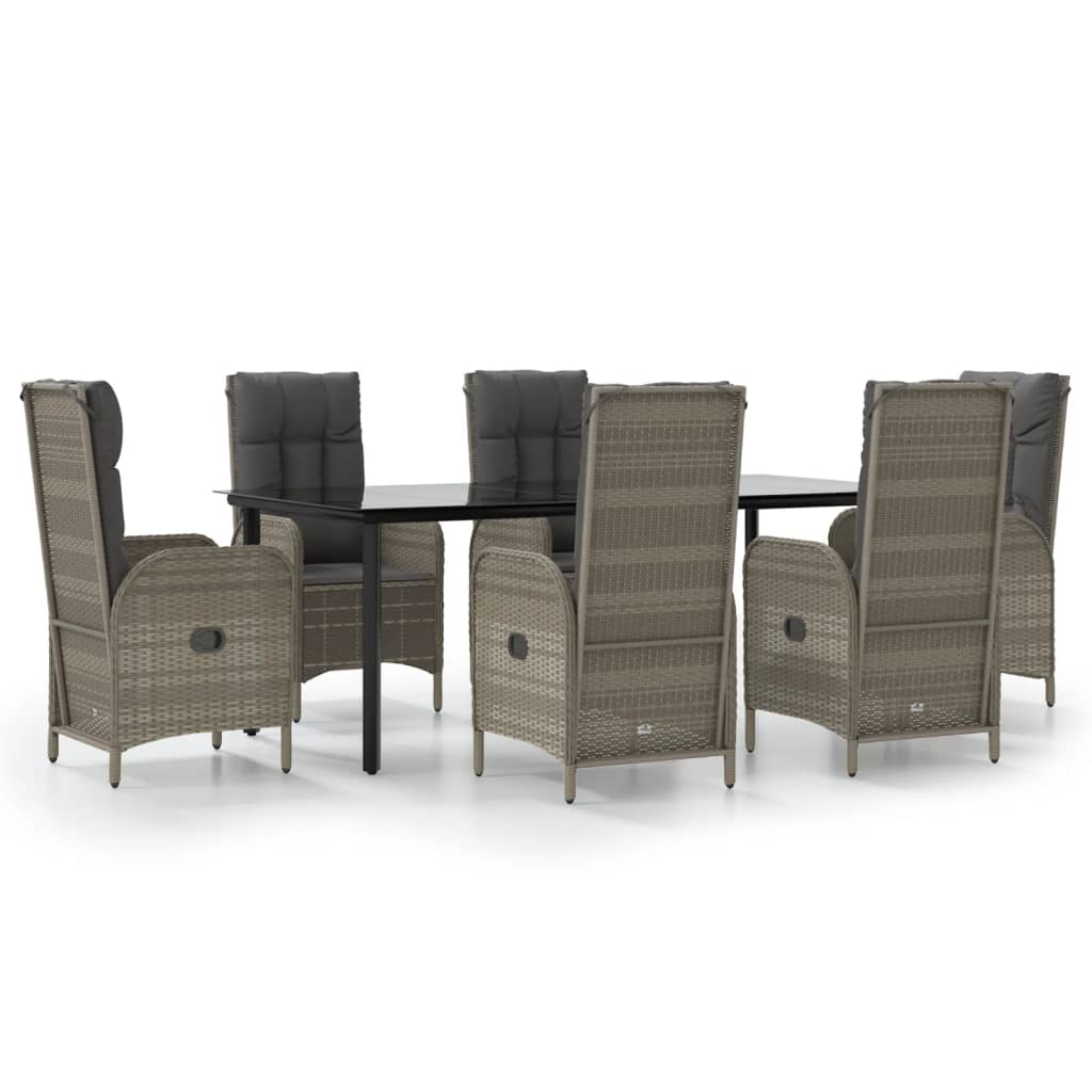 7-tlg. Garten-Essgruppe mit Kissen Schwarz und Grau Poly Rattan