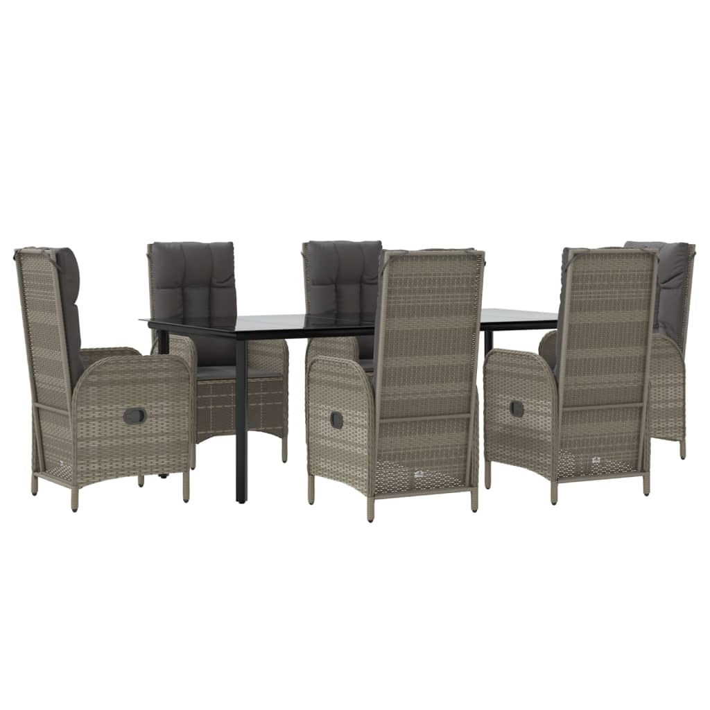 7-tlg. Garten-Essgruppe mit Kissen Schwarz und Grau Poly Rattan