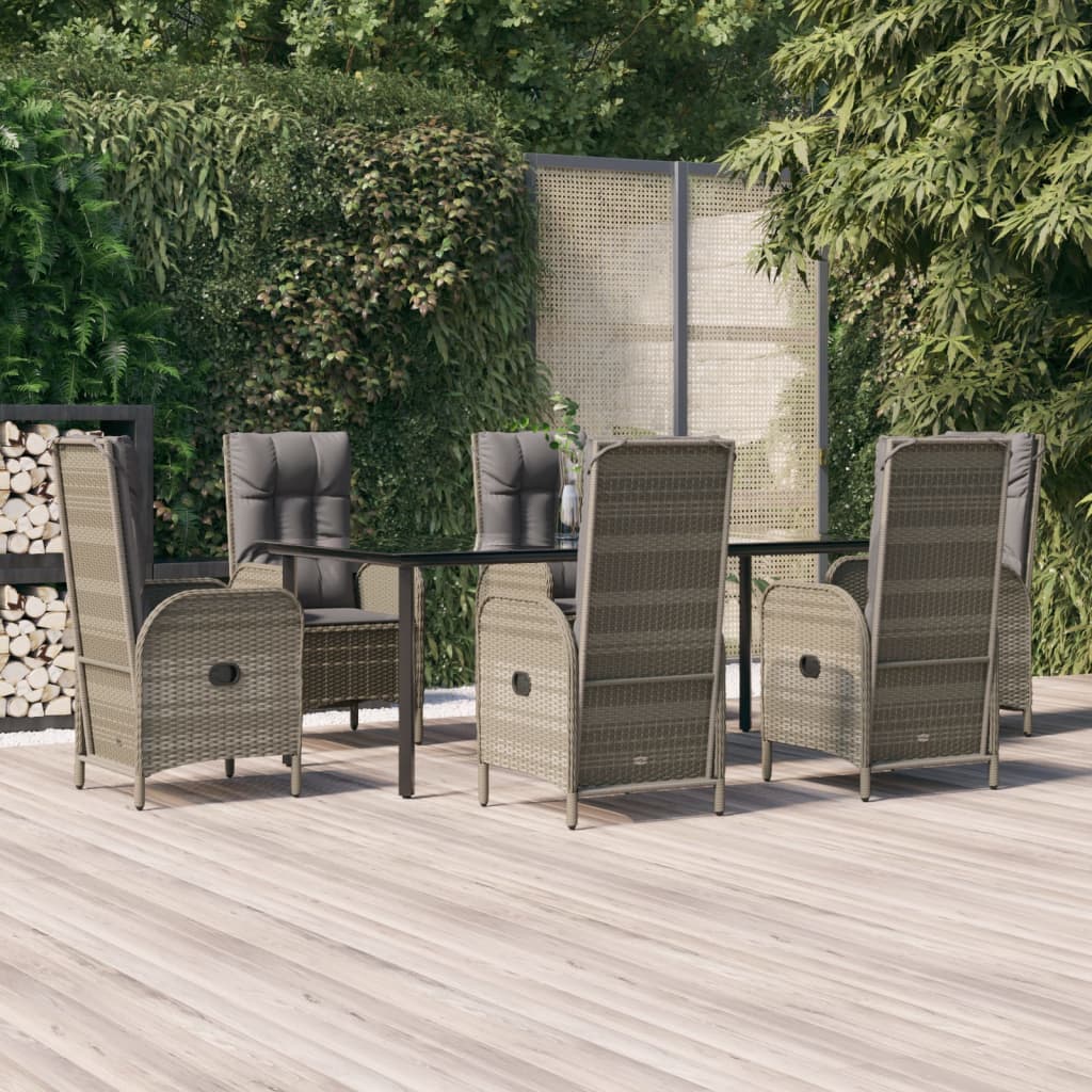 7-tlg. Garten-Essgruppe mit Kissen Schwarz und Grau Poly Rattan