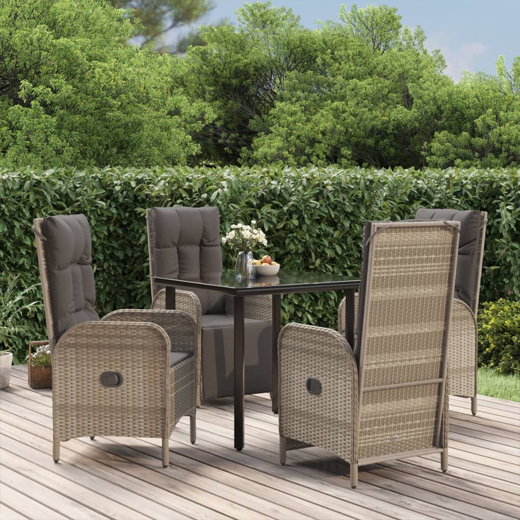 5-tlg. Garten-Essgruppe mit Kissen Schwarz und Grau Poly Rattan
