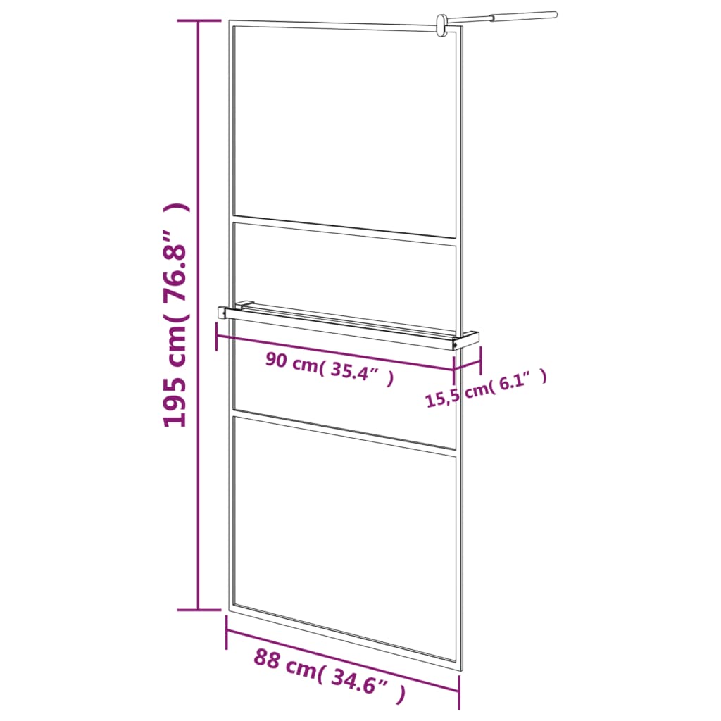 Duschwand mit Ablage für Walk-In-Dusche Schwarz 90x195 cm ESG