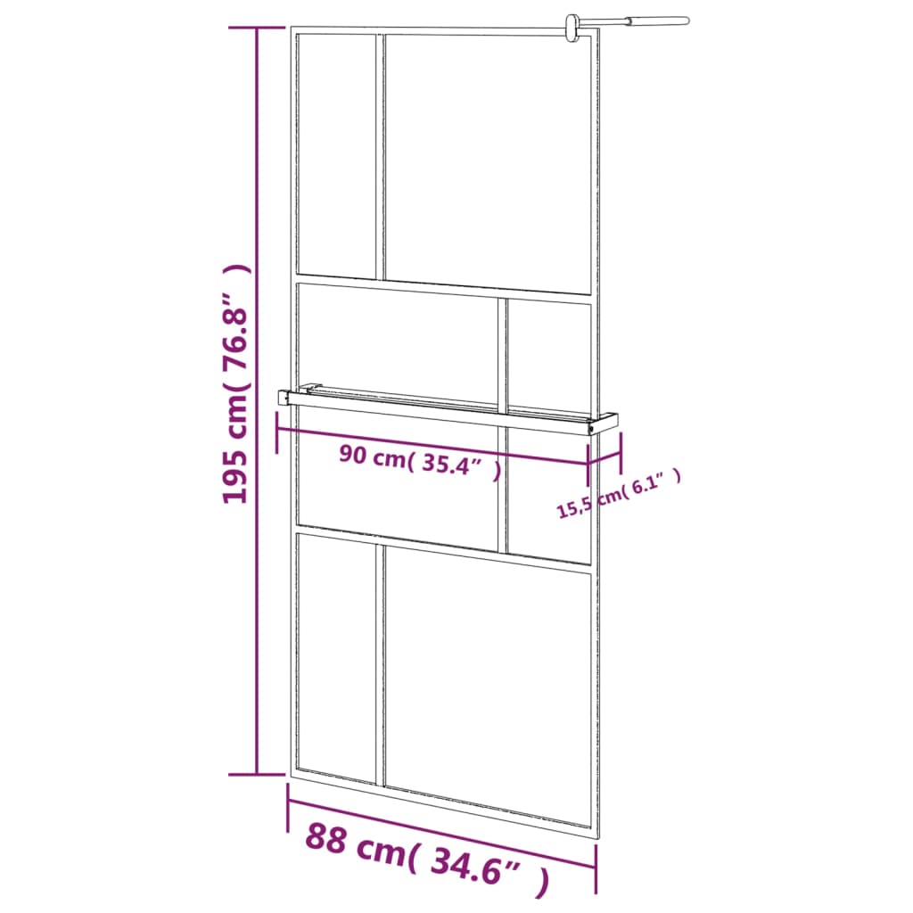 Duschwand mit Ablage für Walk-In-Dusche Schwarz 90x195 cm ESG
