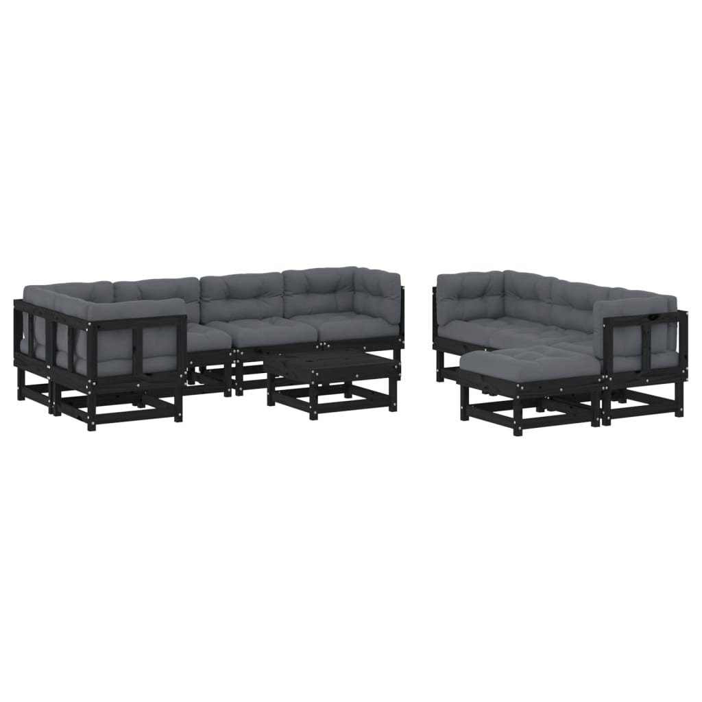 Salon de jardin 10 pièces avec coussins, noir, bois massif