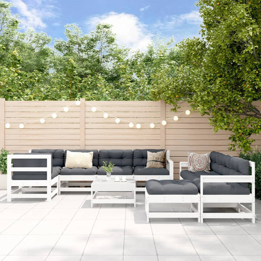 Salon de jardin 10 pièces avec coussins, blanc, bois massif