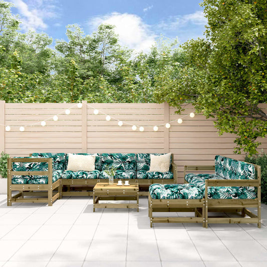 Salon de jardin 10 pièces avec coussins, en pin imprégné