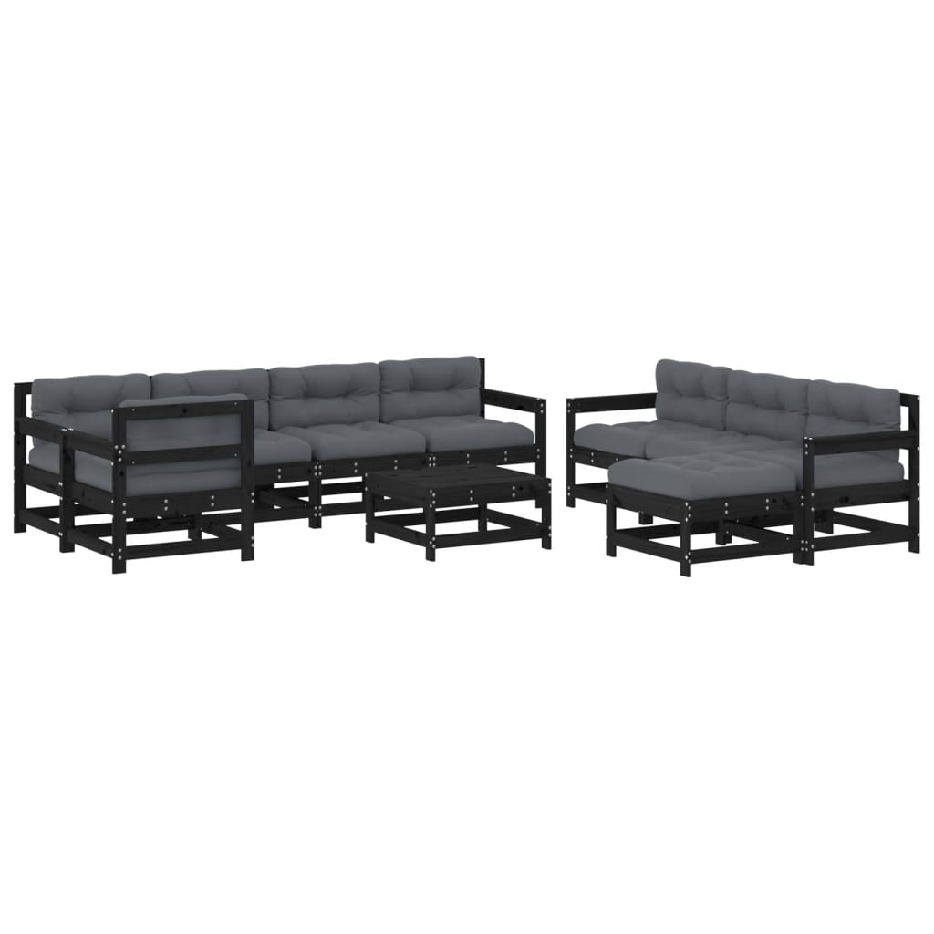 Salon de jardin 10 pièces avec coussins, noir, bois massif