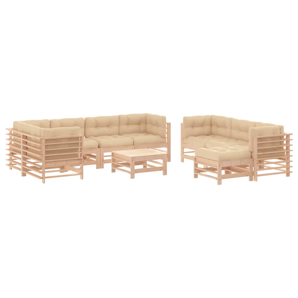 Salon de jardin 10 pièces avec coussins en bois massif