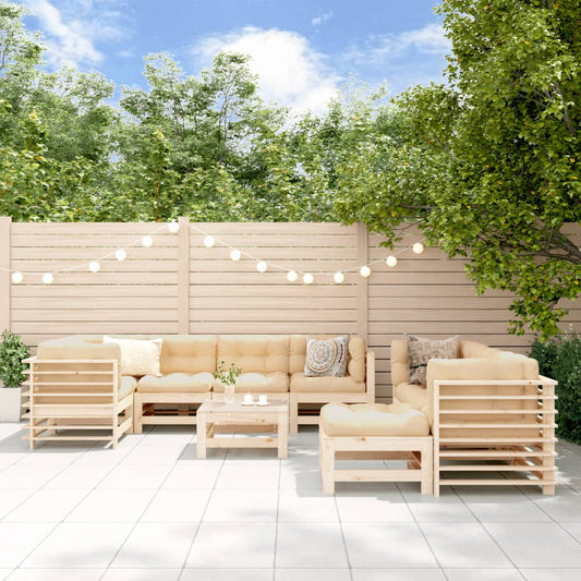 Salon de jardin 10 pièces avec coussins en bois massif