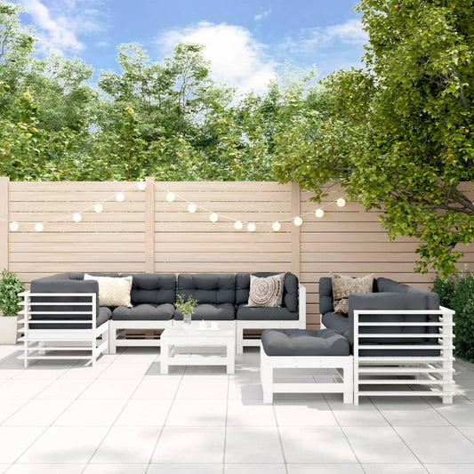 Salon de jardin 10 pièces avec coussins, blanc, bois massif