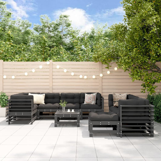 Salon de jardin 10 pièces avec coussins, gris, bois massif
