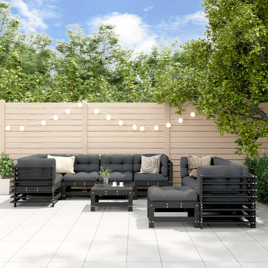 Salon de jardin 10 pièces avec coussins, noir, bois massif