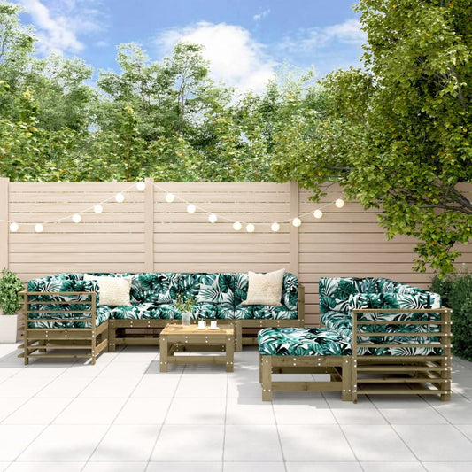 Salon de jardin 10 pièces avec coussins, en pin imprégné