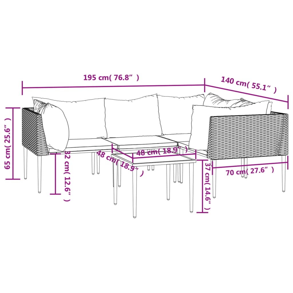 5-tlg. Garten-Lounge-Set mit Kissen Grau Poly Rattan