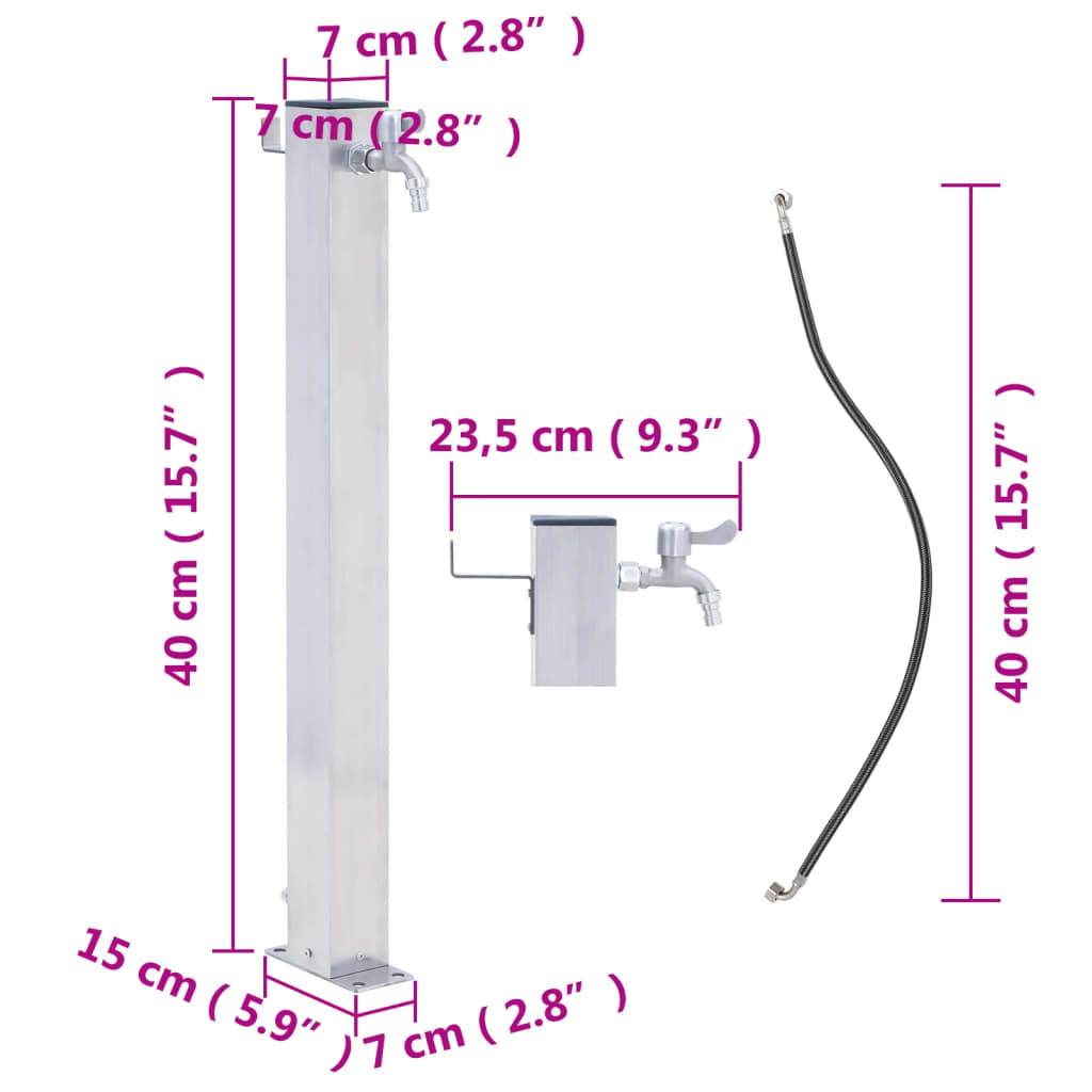 Colonne d'eau pour le jardin carrée en inox de 40 cm