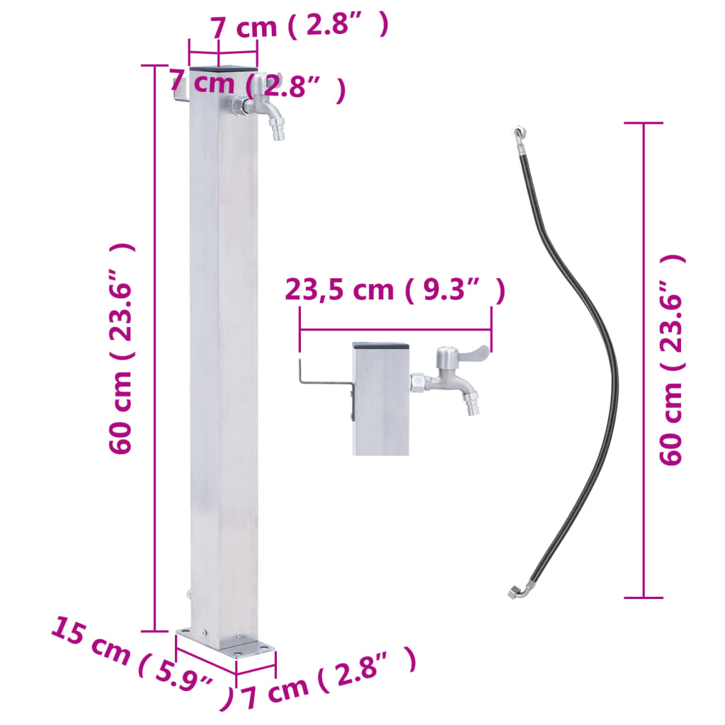 Colonne d'eau pour le jardin carrée en inox de 60 cm