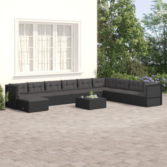 10-tlg. Garten-Lounge-Set mit Kissen Schwarz Poly Rattan