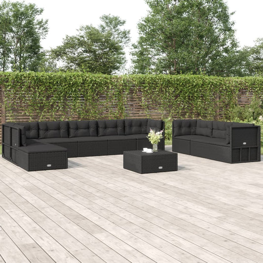 10-tlg. Garten-Lounge-Set mit Kissen Schwarz Poly Rattan