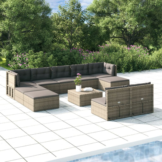 10-tlg. Garten-Lounge-Set mit Kissen Grau Poly Rattan