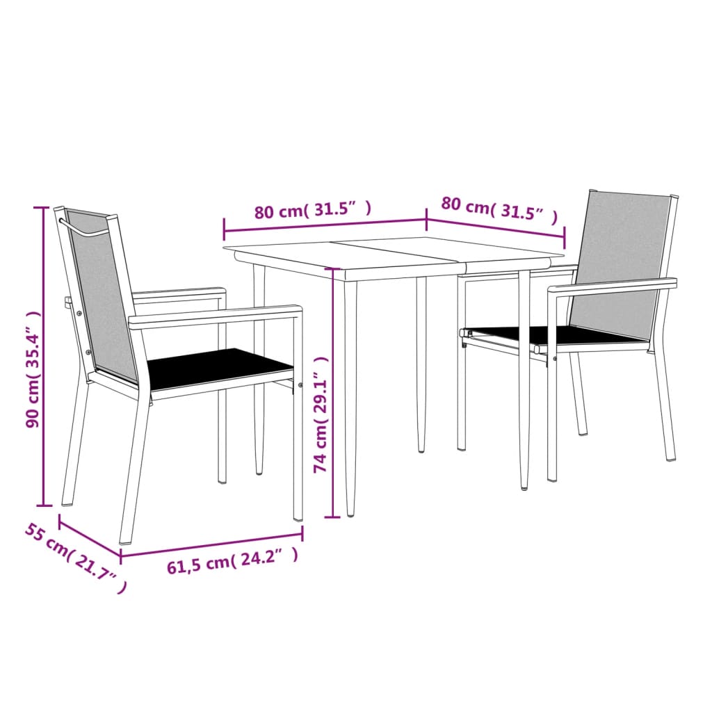 3-tlg. Garten-Essgruppe Schwarz Textilene und Stahl